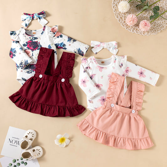 Printed Three Piece Long-sleeved Baby Girl Ruffled Dress